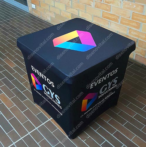 mesas rimax personalizadas con manteles spandex impresos a todo color