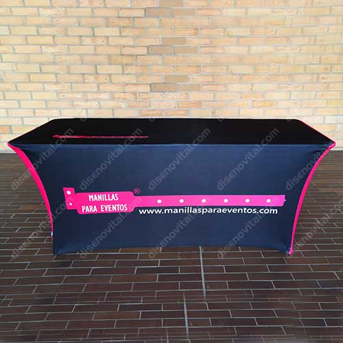 mesas publicitarias personalizadas con manteles spandex en licra para eventos y ferias comerciales