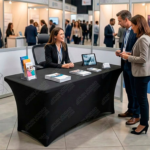 mantel spandex negro para stands y oficinas moviles en eventos ferias y lanzamiento de productos